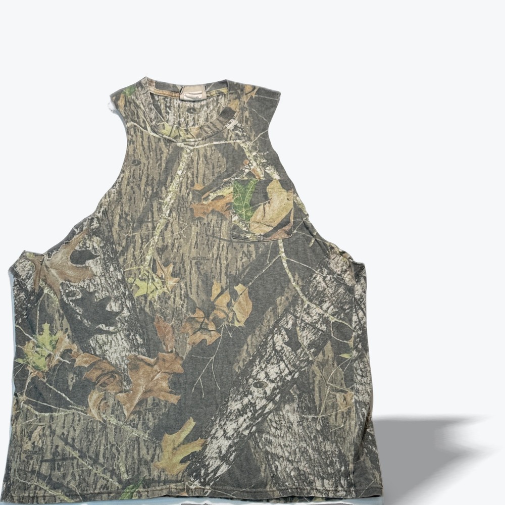 Mossy Oak Apparel Mens Large Camo Cut Off Sleeveless Pocket Tee Break-Up Vintage
